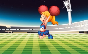 A soccer field with an energetic cheerdancer
